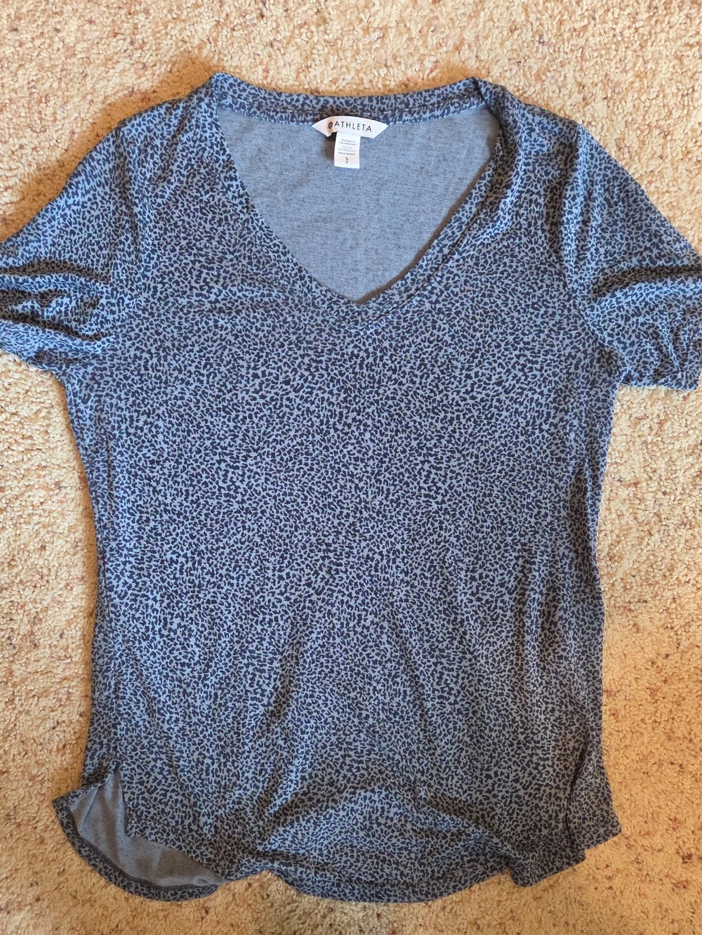 Athleta Blue Short-Sleeve V-Neck Tee with Subtle Leopard Print